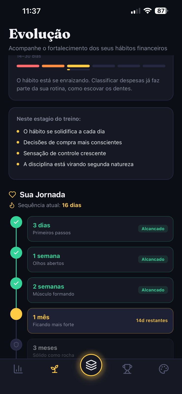 Tela de evolução e jornada de treino