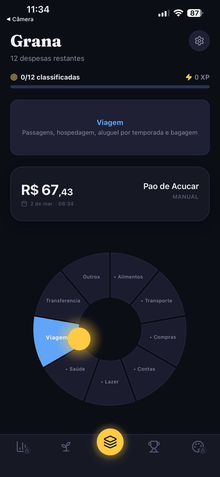Tela de classificação do Grana com menu radial de categorias